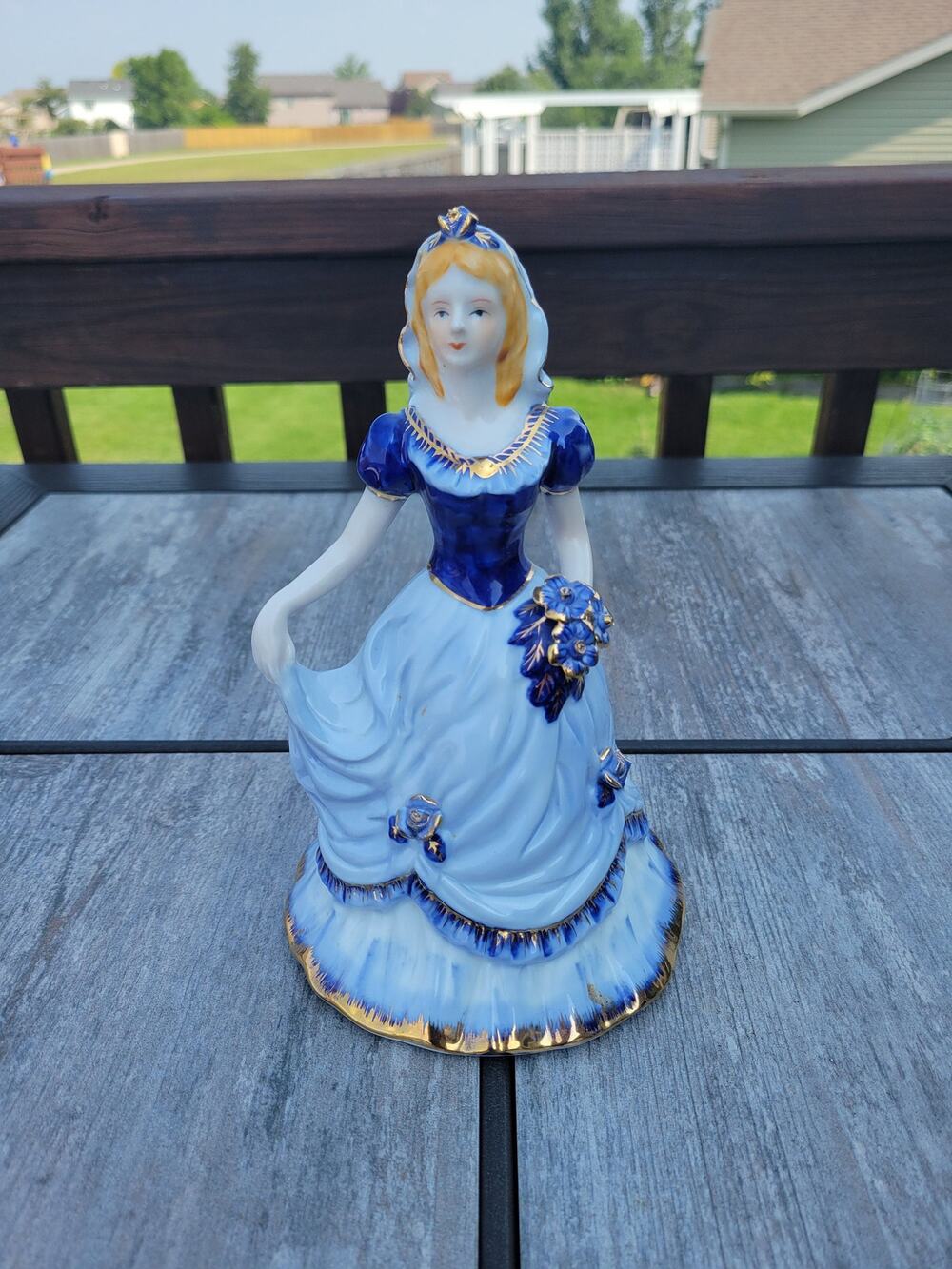 Vintage KPM Porcelain Lady Figurine Blue White Victorian Dress Gold Gown Statue